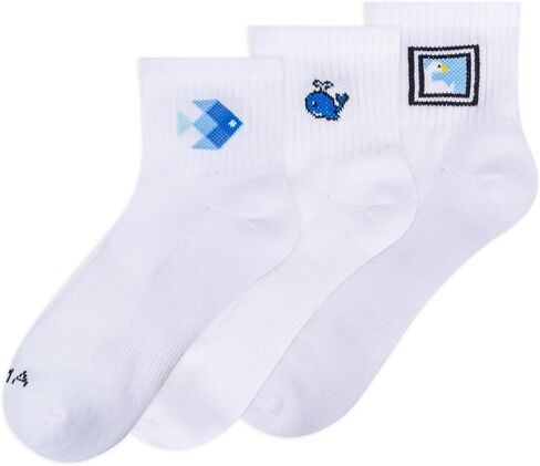 Cute Pattern Crew Socks, White Cotton Blend, 3 Pairs, Antrop in Kuwait