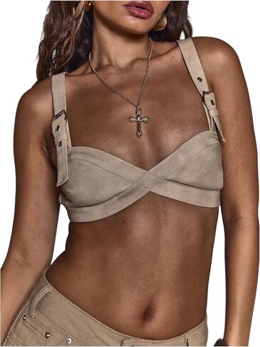 SweatyRocks Women's Faux Leather Crop Tank Top Sleeveless V Neck Buckle Strap Fitted Going Out Tops in Saudi Arabia