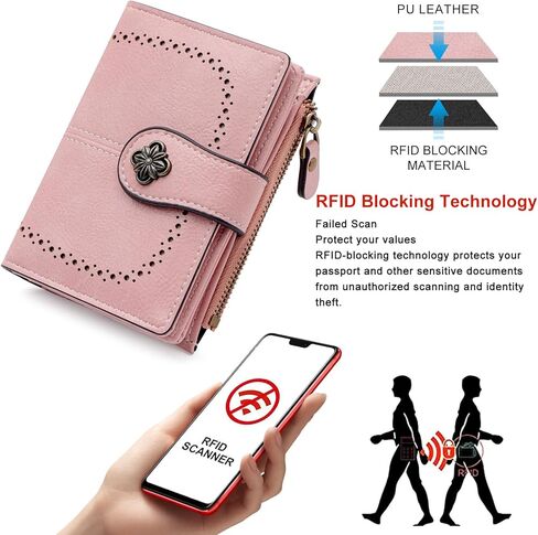 محفظة بطاقات صغيرة للنساء من ديواي - محفظة نسائية مع حامل بطاقات حجب RFID، محفظة صغيرة مدمجة للنساء، 16 فتحة للبطاقات هدية من جلد البولي يوريثان (وردي) in Kuwait