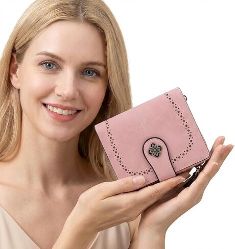محفظة بطاقات صغيرة للنساء من ديواي - محفظة نسائية مع حامل بطاقات حجب RFID، محفظة صغيرة مدمجة للنساء، 16 فتحة للبطاقات هدية من جلد البولي يوريثان (وردي) in Kuwait