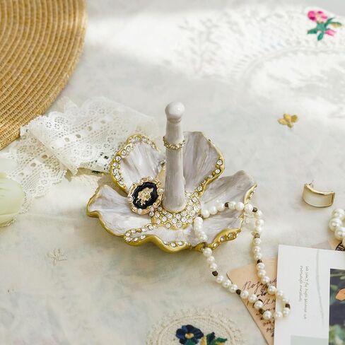 NIKKY HOME Vintage Ring Holder Jewelry Dish, Flower Shaped Retro Trinket Display Decorative Metal Tray Classy Birthday Christmas Gifts for Women, White in Saudi Arabia