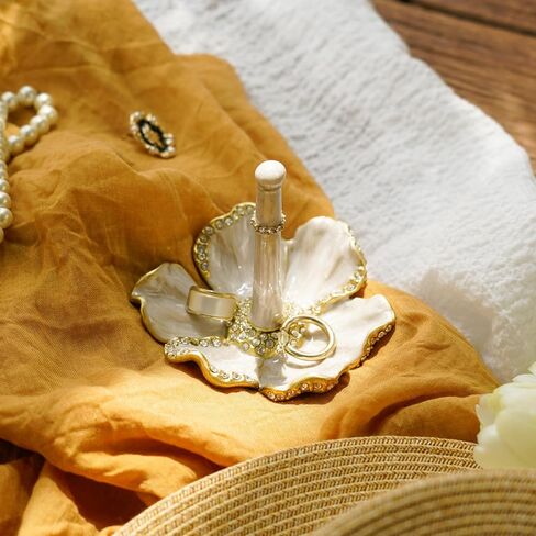 NIKKY HOME Vintage Ring Holder Jewelry Dish, Flower Shaped Retro Trinket Display Decorative Metal Tray Classy Birthday Christmas Gifts for Women, White in Saudi Arabia