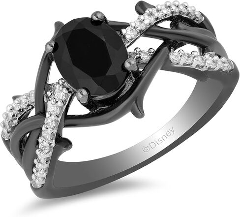 Jewelili Enchanted Disney Fine Jewelry Black Rhodium over Sterling Silver with 1/5 CTTW Diamond and Onyx Maleficent Ring in Saudi Arabia