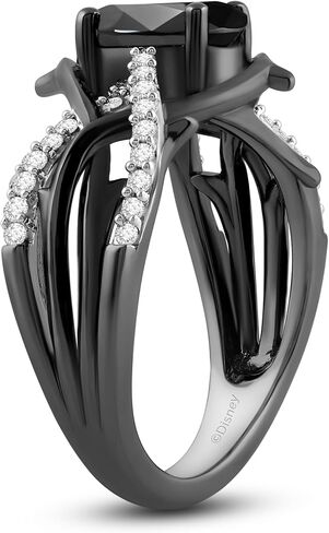 Jewelili Enchanted Disney Fine Jewelry Black Rhodium over Sterling Silver with 1/5 CTTW Diamond and Onyx Maleficent Ring in Saudi Arabia
