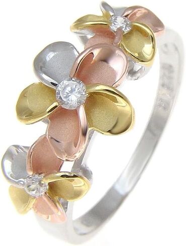 Arthur's Jewelry 925 sterling silver Hawaiian yellow pink rose gold rhodium tricolor plated 3 plumeria flower cz ring size 4 to 10 in Kuwait