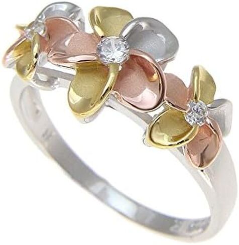 Arthur's Jewelry 925 sterling silver Hawaiian yellow pink rose gold rhodium tricolor plated 3 plumeria flower cz ring size 4 to 10 in Kuwait