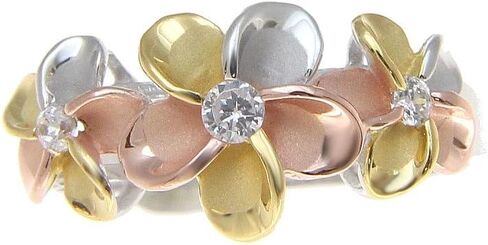 Arthur's Jewelry 925 sterling silver Hawaiian yellow pink rose gold rhodium tricolor plated 3 plumeria flower cz ring size 4 to 10 in Kuwait