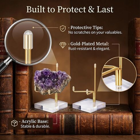 8 Pcs Adjustable Metal Arm Display Stand, 2 x 2 x 3.5 Inch Gold Small Crystal Display Easel with Clear Acrylic Base Rock Mineral Stand for Picture, Rock, Geodes, Mineral, Agate in Saudi Arabia