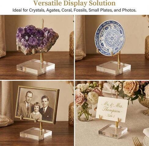 8 Pcs Adjustable Metal Arm Display Stand, 2 x 2 x 3.5 Inch Gold Small Crystal Display Easel with Clear Acrylic Base Rock Mineral Stand for Picture, Rock, Geodes, Mineral, Agate in Saudi Arabia