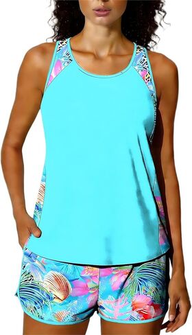 Womens Two Piece Swimsuit Tummy Control Modest Bathing Suits Vacation Beach Swim Tank Top with Shorts in Saudi Arabia