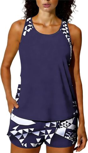 Womens Two Piece Swimsuit Tummy Control Modest Bathing Suits Vacation Beach Swim Tank Top with Shorts in Saudi Arabia