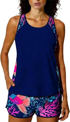 Womens Two Piece Swimsuit Tummy Control Modest Bathing Suits Vacation Beach Swim Tank Top with Shorts in Saudi Arabia