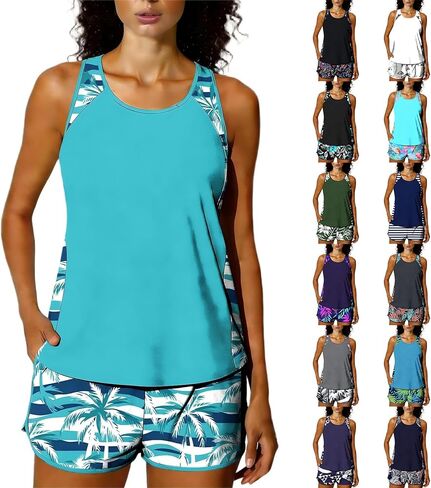 Womens Two Piece Swimsuit Tummy Control Modest Bathing Suits Vacation Beach Swim Tank Top with Shorts in Saudi Arabia