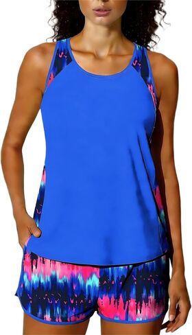 Womens Two Piece Swimsuit Tummy Control Modest Bathing Suits Vacation Beach Swim Tank Top with Shorts in Saudi Arabia