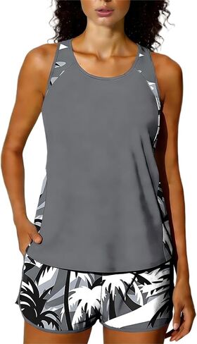 Womens Two Piece Swimsuit Tummy Control Modest Bathing Suits Vacation Beach Swim Tank Top with Shorts in Saudi Arabia