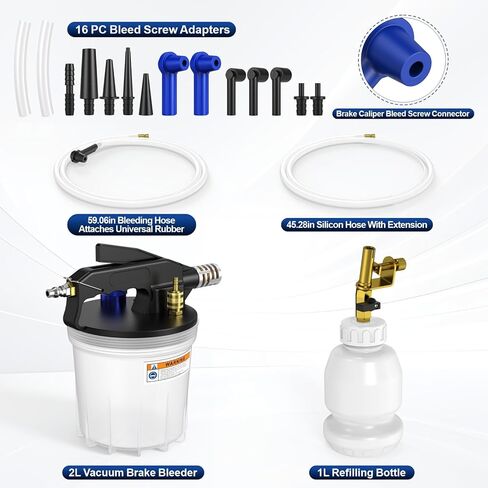مجموعة نزف سائل الفرامل لوني، مجموعة نزف سائل الفرامل الهوائية، مستخرج سائل الفرامل لتشغيل شخص واحد وأداة نزيف القابض مع زجاجة إعادة تعبئة سعة 1 لتر و16 محولًا لنظام فرامل السيارات in Kuwait