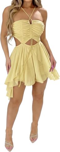 Uni Clau Women's Halter V Neck Strap Jumpsuit Sheer Mesh Jumpsuit See Through Cutout Waist Flowy Romper for Club Party Overlay with Lining Yellow M in Saudi Arabia