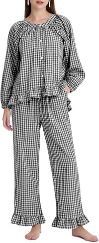 PEHMEA Women's Gingham Cotton Pajama Set, Cute 2 Piece Plaid Ruffle PJs with Long Pants Button Down Top for Lounge Sleepwear in Saudi Arabia