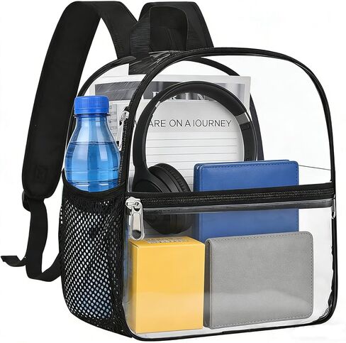 حقيبة ظهر شفافة لأحداث الاستاد مقاس 12 × 12 × 6 حقيبة ظهر صغيرة شفافة مع جيب أمامي للحفلات الموسيقية والأحداث الرياضية والسفر (أسود) in Kuwait