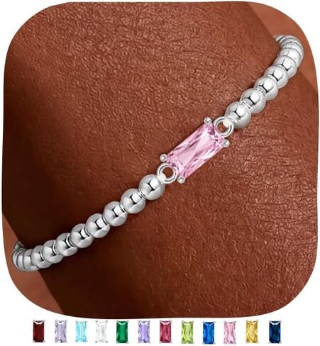 Dainty Birthstone Bracelets for Women - 14K Gold Plated/Silver Bead Bracelets for Women Elastic Gold Bracelet Stackable Bead Stretch Friendship Bracelet Stack for Best Friend Couples Birthday Gifts Jewelry in Saudi Arabia