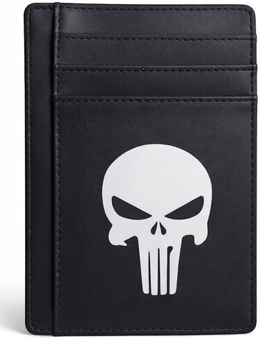 Skull Bifold Genuine Leather Black Men's Wallet, Skeleton wallet Punisher. Slim Minimalist Front Pocket RFID Blocking Leather Wallets for Men and Women. (BLACK) in Saudi Arabia
