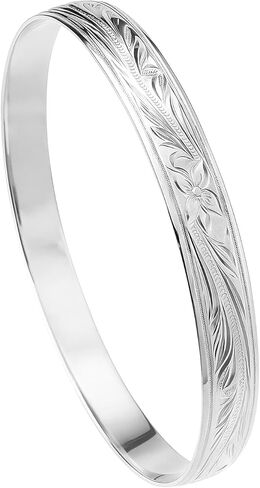 925 Sterling Silver Hawaiian Heirloom Scroll Plumeria Flower Cut Out Wave Edge Bangle Bracelet, Nickel Free Hypoallergenic for Sensitive Skin, Gift Box Included - Jewelry Gifts for Women Wife Mom Daughter (8mm Sterling Silver Black Kuuipo, 7.5 Inches) in Saudi Arabia