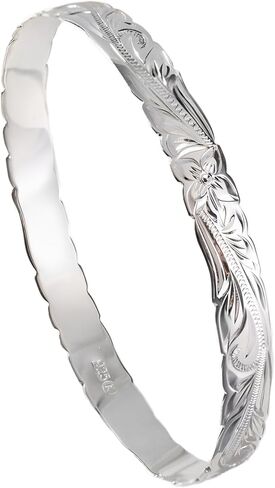 925 Sterling Silver Hawaiian Heirloom Scroll Plumeria Flower Cut Out Wave Edge Bangle Bracelet, Nickel Free Hypoallergenic for Sensitive Skin, Gift Box Included - Jewelry Gifts for Women Wife Mom Daughter (8mm Sterling Silver Black Kuuipo, 7.5 Inches) in Saudi Arabia