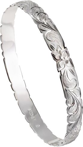 925 Sterling Silver Hawaiian Heirloom Scroll Plumeria Flower Cut Out Wave Edge Bangle Bracelet, Nickel Free Hypoallergenic for Sensitive Skin, Gift Box Included - Jewelry Gifts for Women Wife Mom Daughter (8mm Sterling Silver Black Kuuipo, 7.5 Inches) in Saudi Arabia