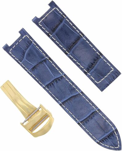 Ewatchparts Leather Watch Band Strap Deployment Clasp Compatible With Pasha De Cartier 20mm Blue With White Stitching Gold in Saudi Arabia