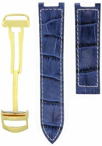 Ewatchparts Leather Watch Band Strap Deployment Clasp Compatible With Pasha De Cartier 20mm Blue With White Stitching Gold in Saudi Arabia