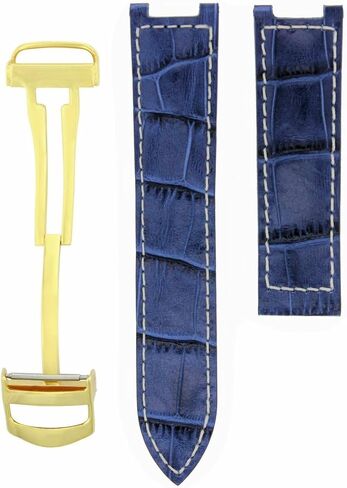 Ewatchparts Leather Watch Band Strap Deployment Clasp Compatible With Pasha De Cartier 20mm Blue With White Stitching Gold in Saudi Arabia