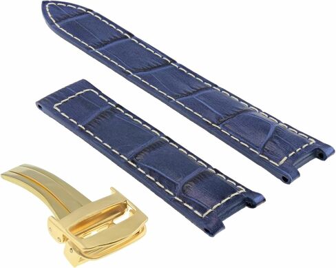 Ewatchparts Leather Watch Band Strap Deployment Clasp Compatible With Pasha De Cartier 20mm Blue With White Stitching Gold in Saudi Arabia