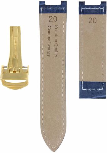 Ewatchparts Leather Watch Band Strap Deployment Clasp Compatible With Pasha De Cartier 20mm Blue With White Stitching Gold in Saudi Arabia