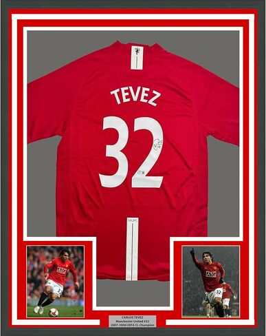 Framed Autographed/Signed Carlos Tevez 35x39 Manchester United Red Soccer Jersey Beckett BAS COA in Saudi Arabia