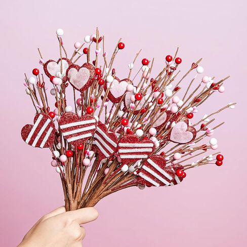 DN DECONATION 6Pcs Valentine's Picks, Valentine Floral Picks Heart Lip Stems with with Red Pink White Berries, Valentines Day Artificial Flowers Arrangement for Valentines Wedding Gifts Home Decor in Saudi Arabia