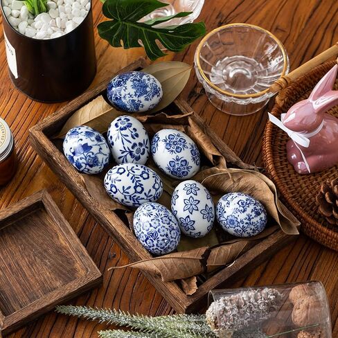 8 قطع من بيض عيد الفصح باللونين الأزرق والأبيض، بيض سيراميك مطلي يدويًا لشجرة عيد الفصح، صينية متدرجة، حشو سلة وديكور حفلات الربيع في المزرعة in Kuwait