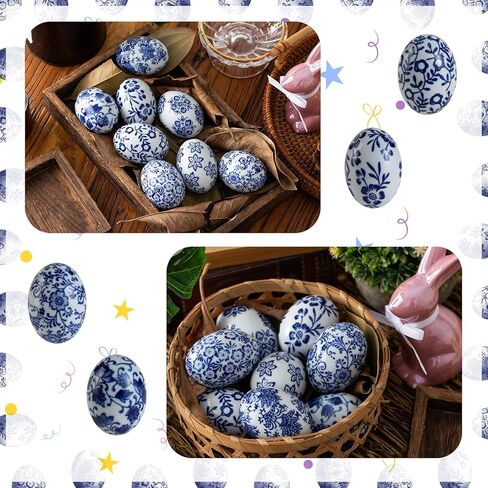 8 قطع من بيض عيد الفصح باللونين الأزرق والأبيض، بيض سيراميك مطلي يدويًا لشجرة عيد الفصح، صينية متدرجة، حشو سلة وديكور حفلات الربيع في المزرعة in Kuwait