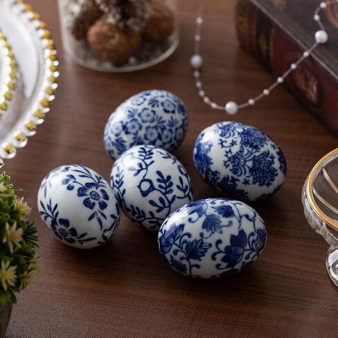 8 قطع من بيض عيد الفصح باللونين الأزرق والأبيض، بيض سيراميك مطلي يدويًا لشجرة عيد الفصح، صينية متدرجة، حشو سلة وديكور حفلات الربيع في المزرعة in Kuwait