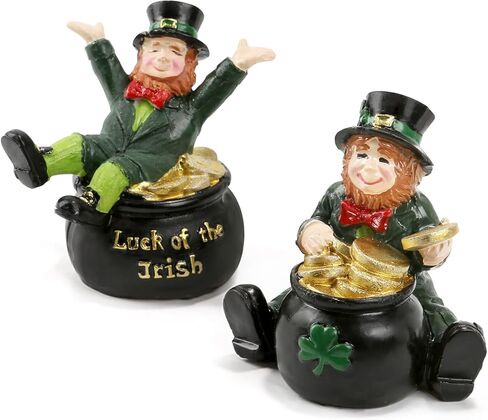 زينة عيد القديس باتريك، تماثيل الجني، مجموعة من 2 تمثال راتنج مع وعاء من الذهب على سطح الطاولة ديكور المنزل لاكي الأيرلندي يوم القديس باتريك رف صينية متدرج ديكور مكتب ديكورات العطلات in Kuwait