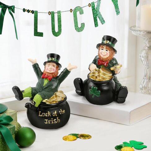 زينة عيد القديس باتريك، تماثيل الجني، مجموعة من 2 تمثال راتنج مع وعاء من الذهب على سطح الطاولة ديكور المنزل لاكي الأيرلندي يوم القديس باتريك رف صينية متدرج ديكور مكتب ديكورات العطلات in Kuwait