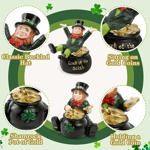 زينة عيد القديس باتريك، تماثيل الجني، مجموعة من 2 تمثال راتنج مع وعاء من الذهب على سطح الطاولة ديكور المنزل لاكي الأيرلندي يوم القديس باتريك رف صينية متدرج ديكور مكتب ديكورات العطلات in Kuwait