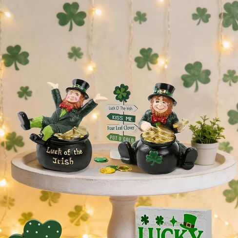 زينة عيد القديس باتريك، تماثيل الجني، مجموعة من 2 تمثال راتنج مع وعاء من الذهب على سطح الطاولة ديكور المنزل لاكي الأيرلندي يوم القديس باتريك رف صينية متدرج ديكور مكتب ديكورات العطلات in Kuwait