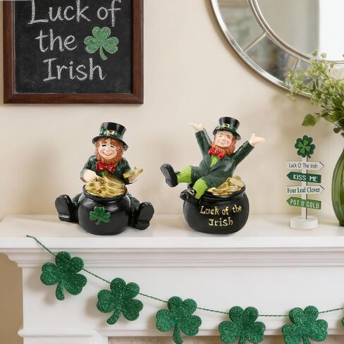 زينة عيد القديس باتريك، تماثيل الجني، مجموعة من 2 تمثال راتنج مع وعاء من الذهب على سطح الطاولة ديكور المنزل لاكي الأيرلندي يوم القديس باتريك رف صينية متدرج ديكور مكتب ديكورات العطلات in Kuwait