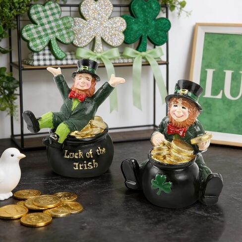 زينة عيد القديس باتريك، تماثيل الجني، مجموعة من 2 تمثال راتنج مع وعاء من الذهب على سطح الطاولة ديكور المنزل لاكي الأيرلندي يوم القديس باتريك رف صينية متدرج ديكور مكتب ديكورات العطلات in Kuwait