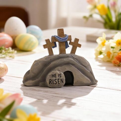 Empty Tomb Easter Decoration for Home Indoor, Resin Jesus Resurrection Scene Cross Christian Figurines, Religious He Is Risen Table Top Centerpieces Mantel Shelf Office Desk Tiered Tray Decor in Kuwait