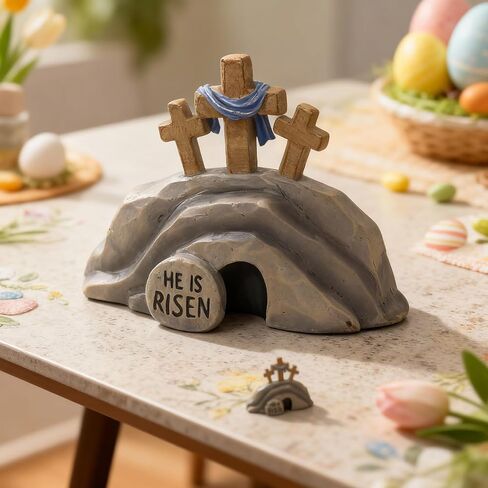Empty Tomb Easter Decoration for Home Indoor, Resin Jesus Resurrection Scene Cross Christian Figurines, Religious He Is Risen Table Top Centerpieces Mantel Shelf Office Desk Tiered Tray Decor in Kuwait