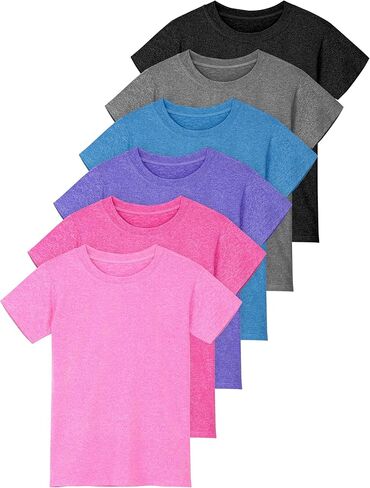 6 قطع من قمصان الفتيات بأكمام قصيرة ورقبة دائرية تي شيرت جاف مناسب للصيف قمصان رياضية كاجوال يومية للأطفال in Kuwait