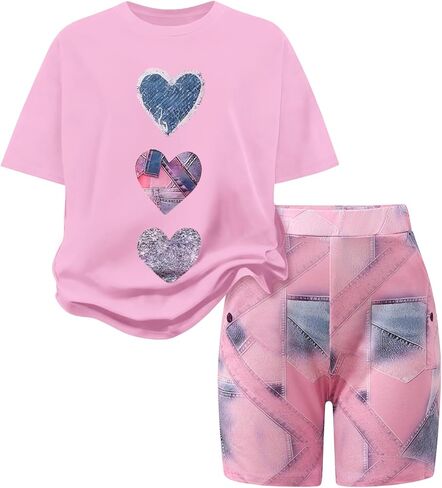 مقاس 9 10 سنوات ملابس الفتيات 2 قطعة قصيرة الأكمام تي شيرت ومجموعة قصيرة أزياء الأطفال الفتيات الصيف عطلة وتتسابق مجموعة الوردي (9-10Y) in Kuwait