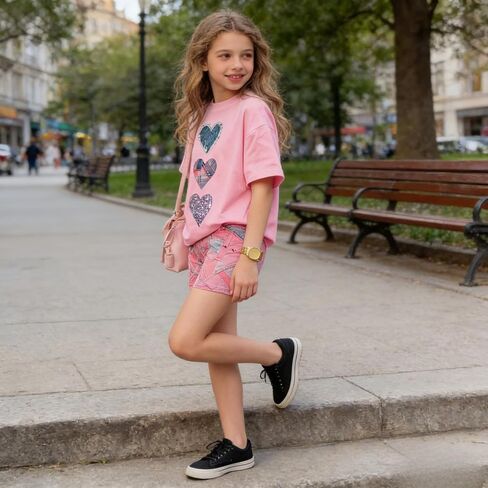 مقاس 9 10 سنوات ملابس الفتيات 2 قطعة قصيرة الأكمام تي شيرت ومجموعة قصيرة أزياء الأطفال الفتيات الصيف عطلة وتتسابق مجموعة الوردي (9-10Y) in Kuwait