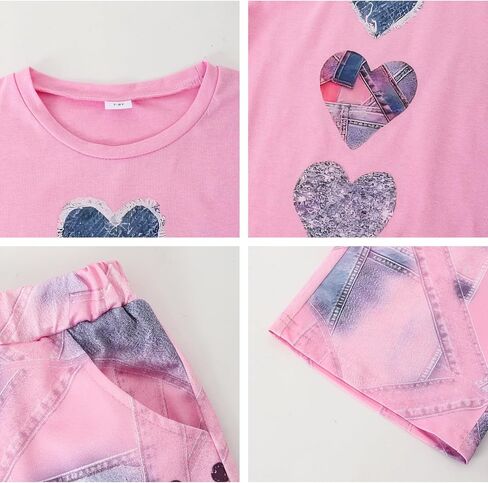 مقاس 9 10 سنوات ملابس الفتيات 2 قطعة قصيرة الأكمام تي شيرت ومجموعة قصيرة أزياء الأطفال الفتيات الصيف عطلة وتتسابق مجموعة الوردي (9-10Y) in Kuwait